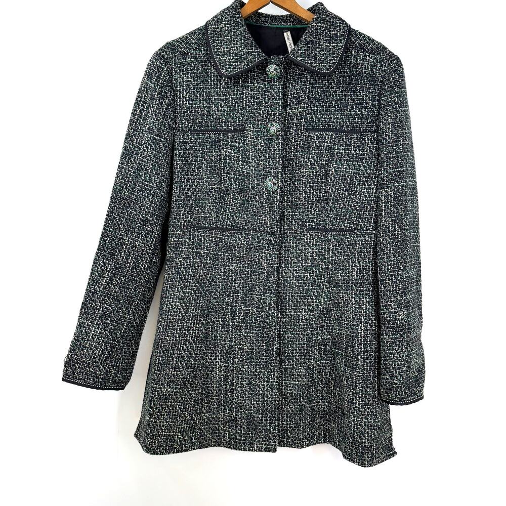 Bergdorf Goodman Tweed Coat L Black Green Ornate Buttons Lined Y2K Gilmore Girls